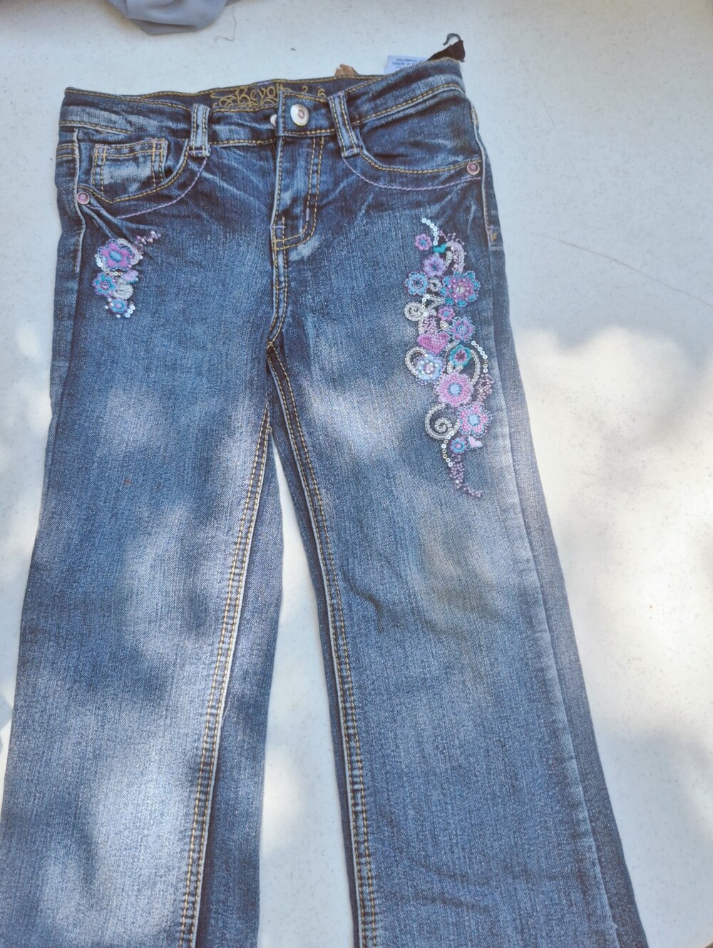Revolt Jeans Girls Blue Denim Jeans with Purple & Pink Floral Embroidery